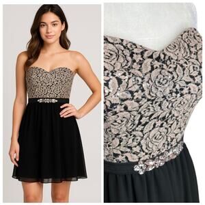 NWT Strapless Floral Lace Sequin Bodice Formal Mini Dress Black Blush Size 13